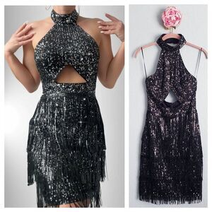 Shein Black Sequin Fringe Cutout Halter Mini‎ Dress